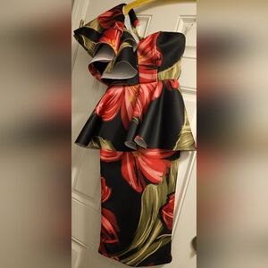 Red and Black One Shoulder Ruffled Cocktail Dress